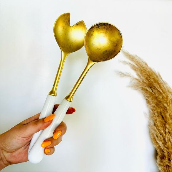 VINTAGE Gold Brass White Enamel Handle Salad Spoon Tosser Serving Utensil Set - Picture 1 of 6